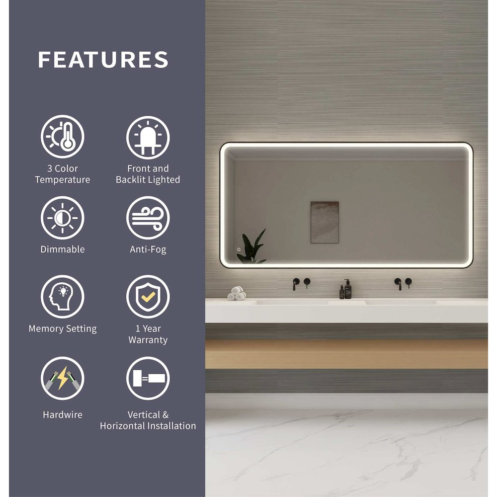 72 Round LED Front and Backlit Wall Mirror in Black