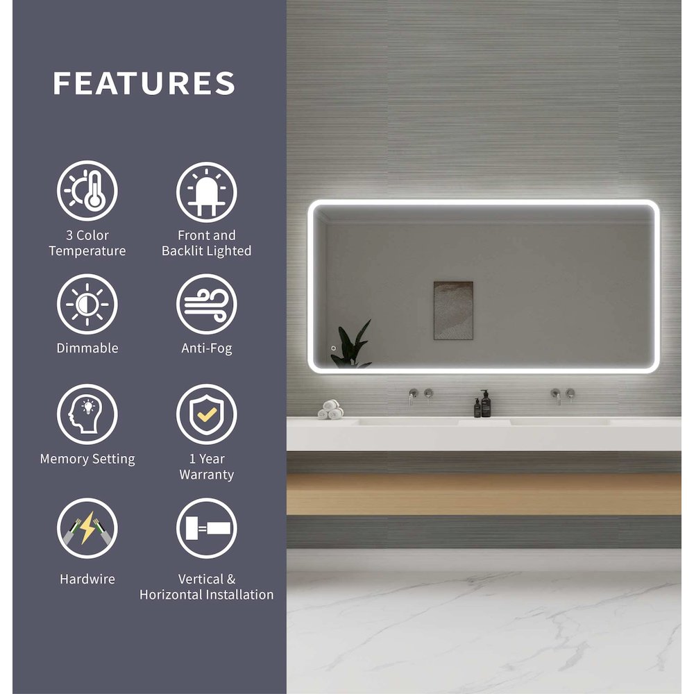 72 Round LED Front and Backlit Wall Mirror in Silver