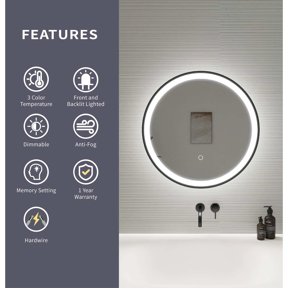 21 Round LED Front and Backlit Wall Mirror in Black