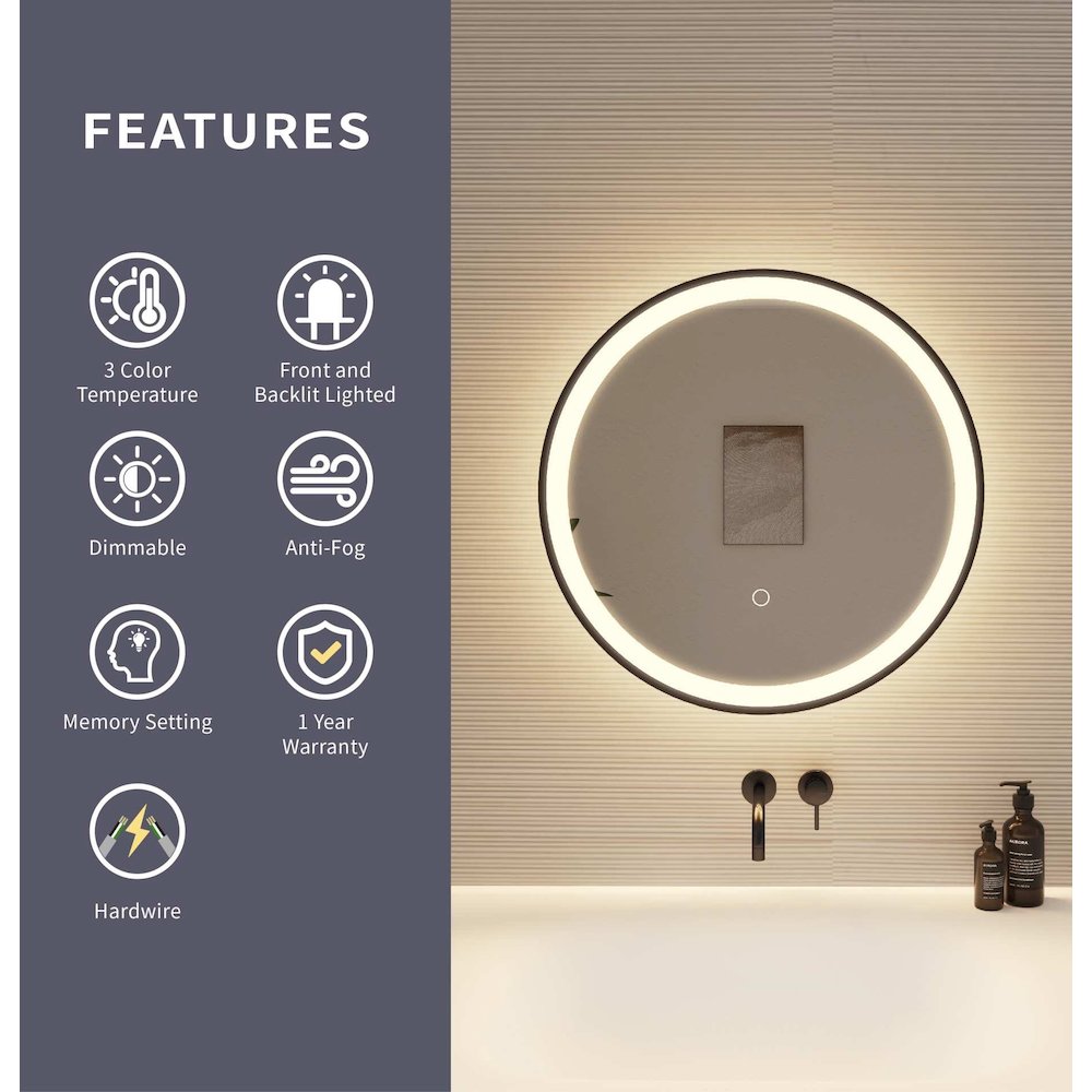 21 Round LED Front and Backlit Wall Mirror in Black
