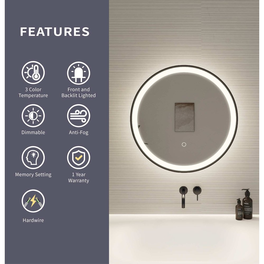 21 Round LED Front and Backlit Wall Mirror in Black