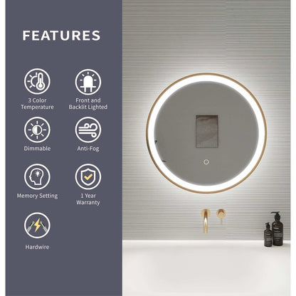 21 Round LED Front and Backlit Wall Mirror in Satin Gold