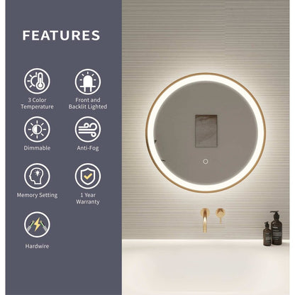 21 Round LED Front and Backlit Wall Mirror in Satin Gold