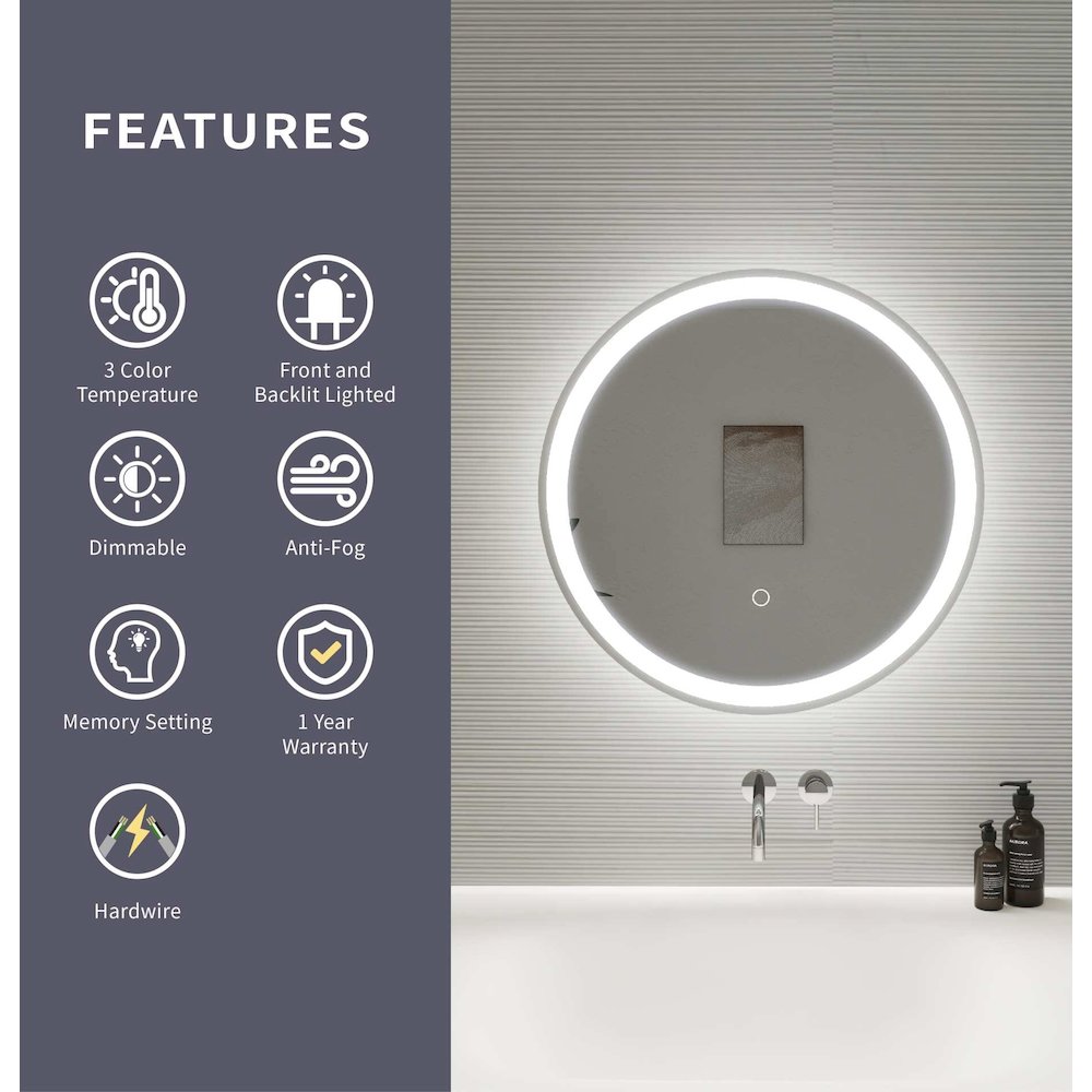 21 Round LED Front and Backlit Wall Mirror in Silver