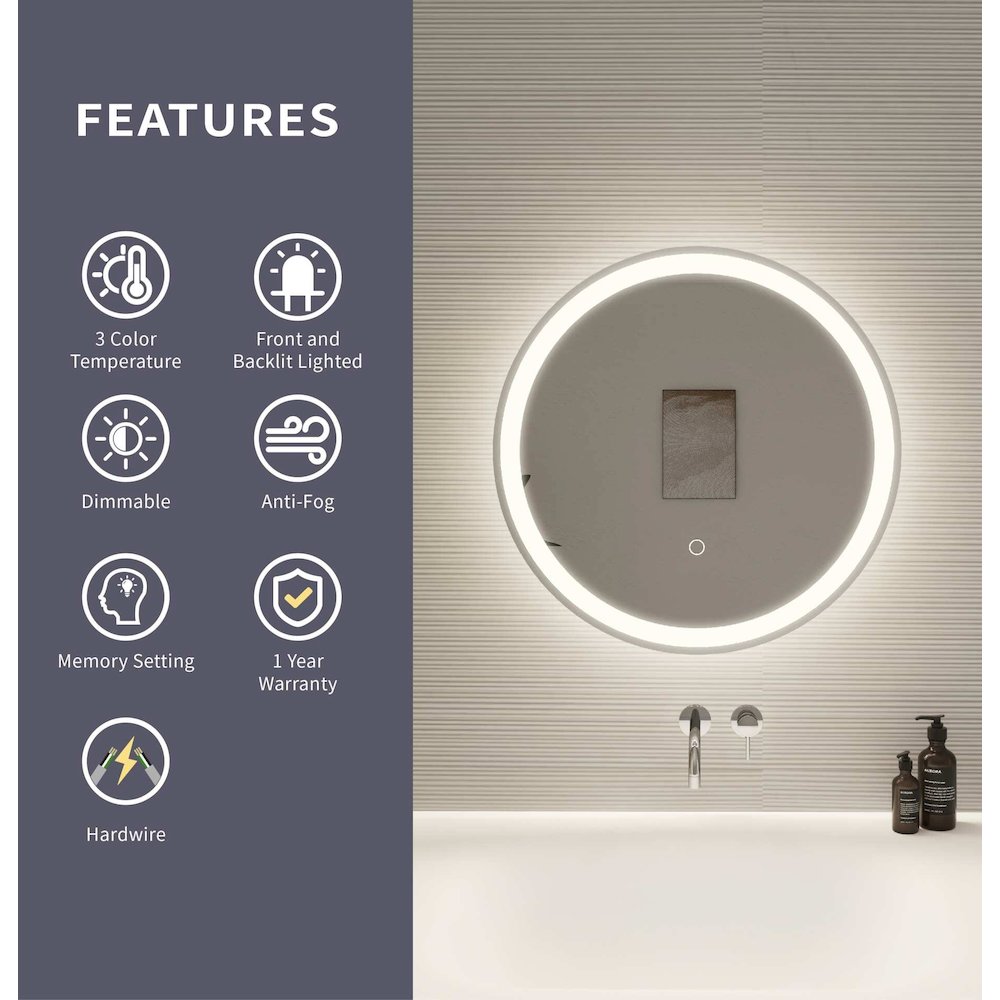 21 Round LED Front and Backlit Wall Mirror in Silver