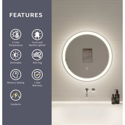 21 Round LED Front and Backlit Wall Mirror in Silver