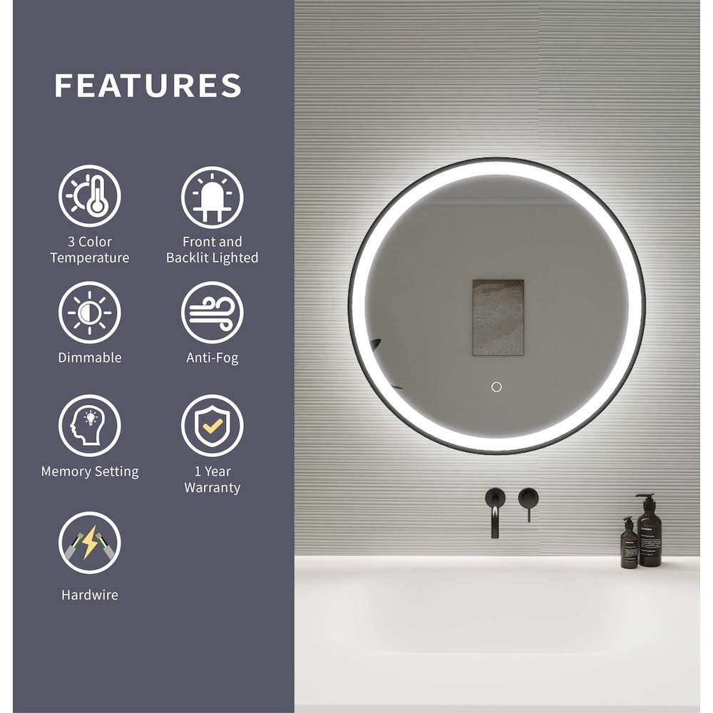 24 Round LED Front and Backlit Wall Mirror in Black