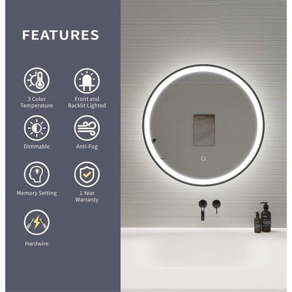 24 Round LED Front and Backlit Wall Mirror in Black