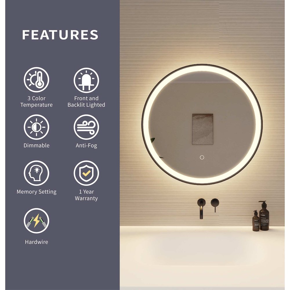 24 Round LED Front and Backlit Wall Mirror in Black