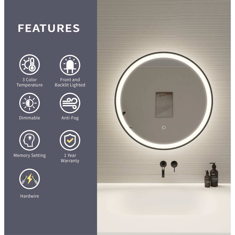 24 Round LED Front and Backlit Wall Mirror in Black