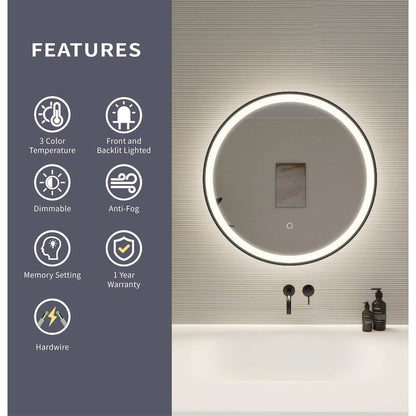 24 Round LED Front and Backlit Wall Mirror in Black