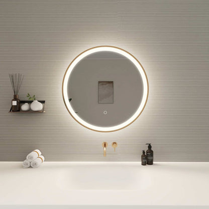 24 Round LED Front and Backlit Wall Mirror in Satin Gold
