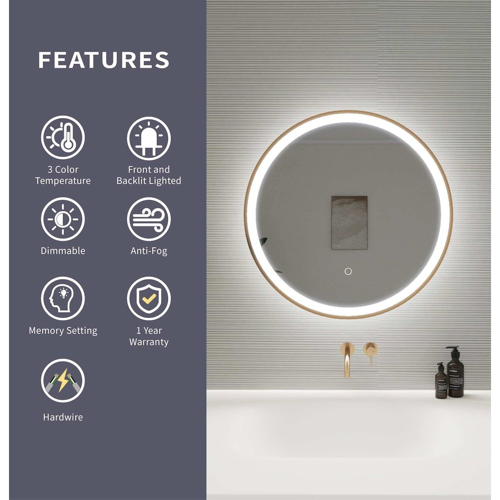24 Round LED Front and Backlit Wall Mirror in Satin Gold