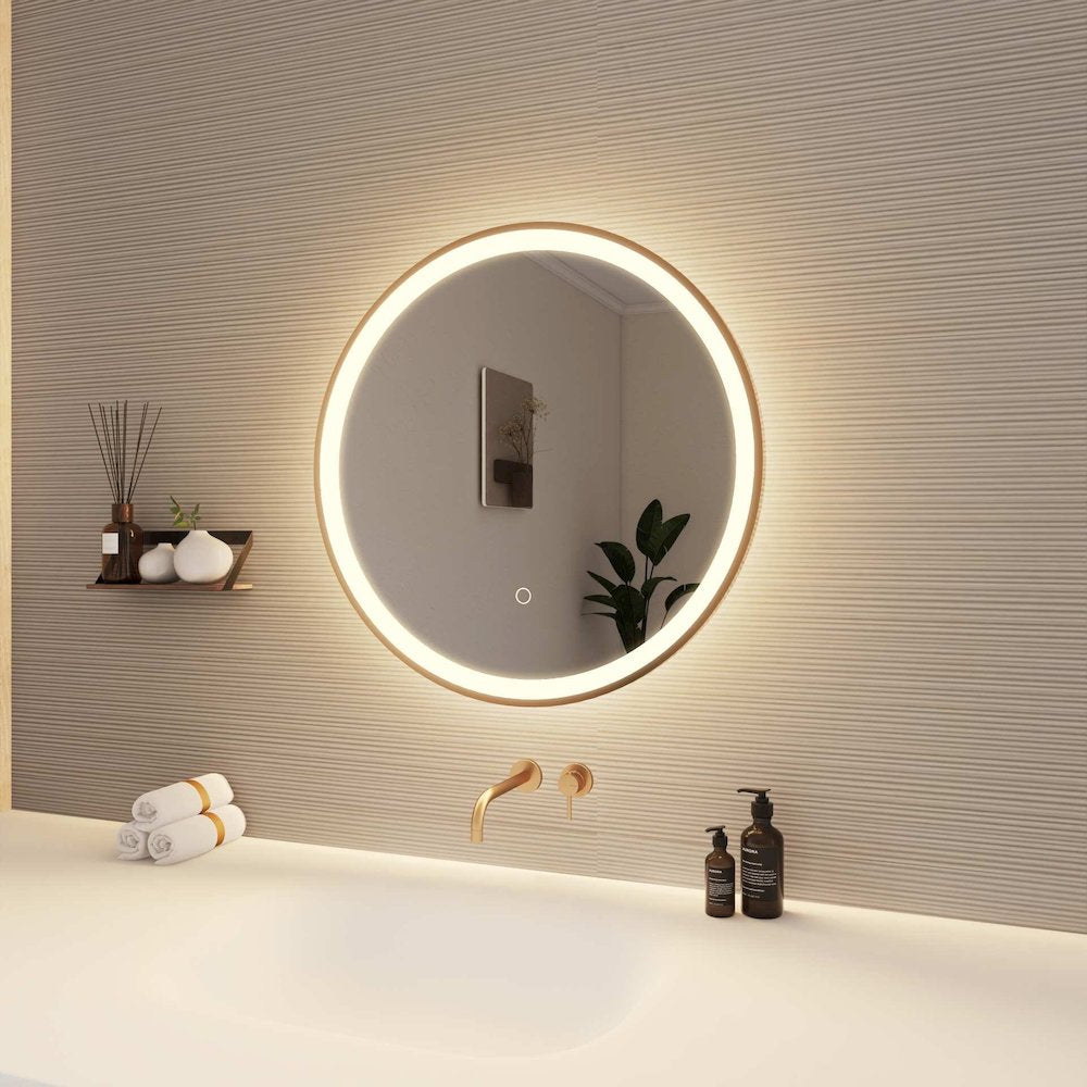 24 Round LED Front and Backlit Wall Mirror in Satin Gold