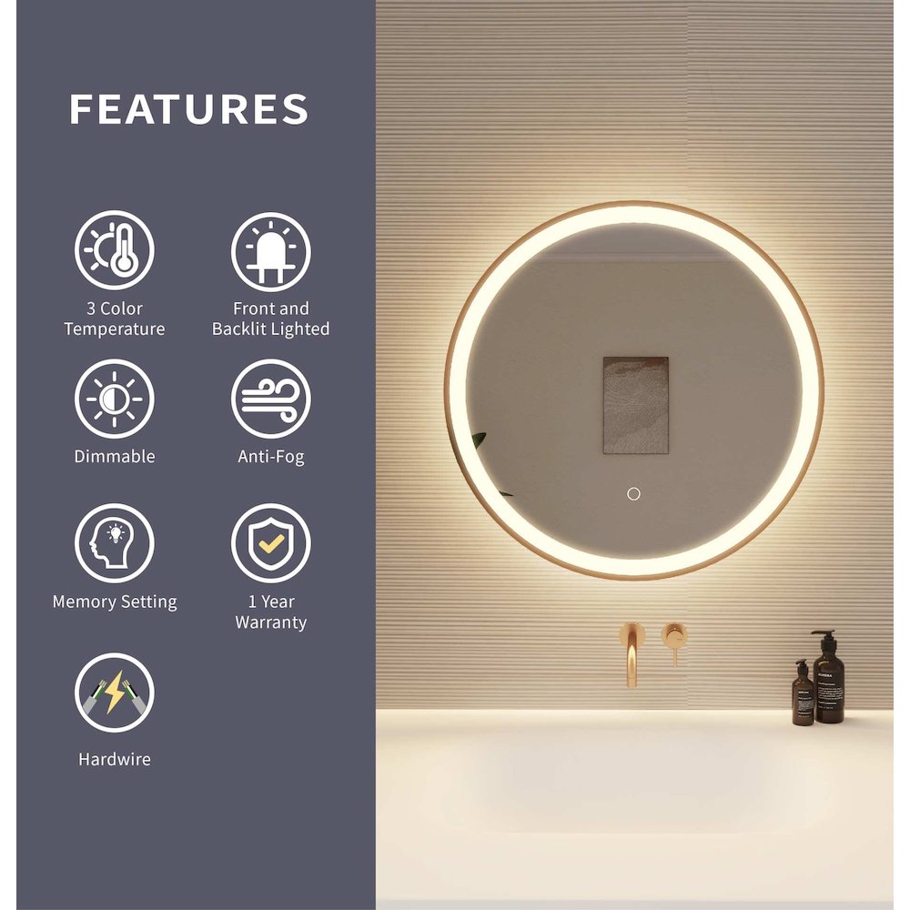 24 Round LED Front and Backlit Wall Mirror in Satin Gold