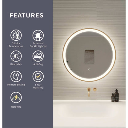24 Round LED Front and Backlit Wall Mirror in Satin Gold