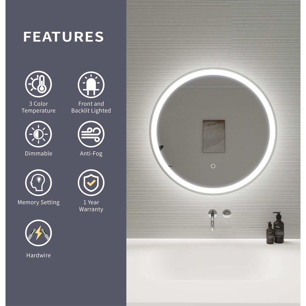 24 Round LED Front and Backlit Wall Mirror in Silver