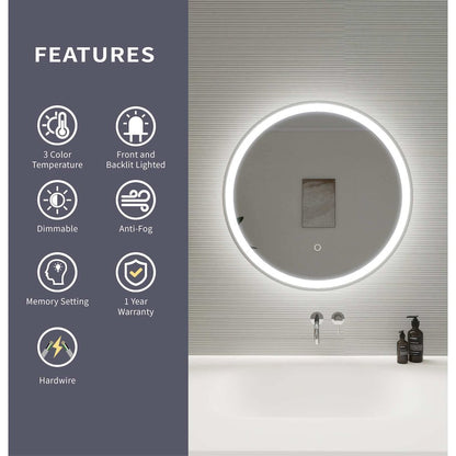 24 Round LED Front and Backlit Wall Mirror in Silver