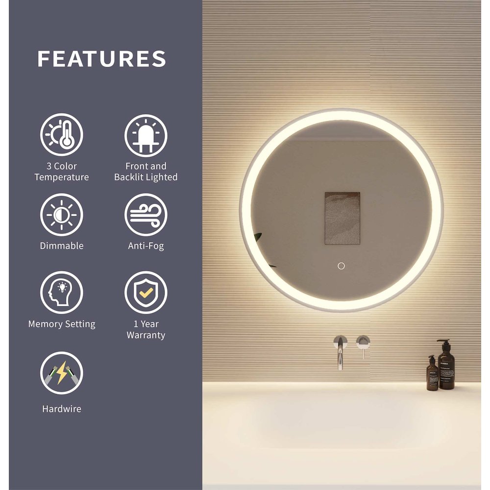 24 Round LED Front and Backlit Wall Mirror in Silver