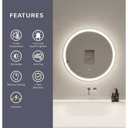 24 Round LED Front and Backlit Wall Mirror in Silver