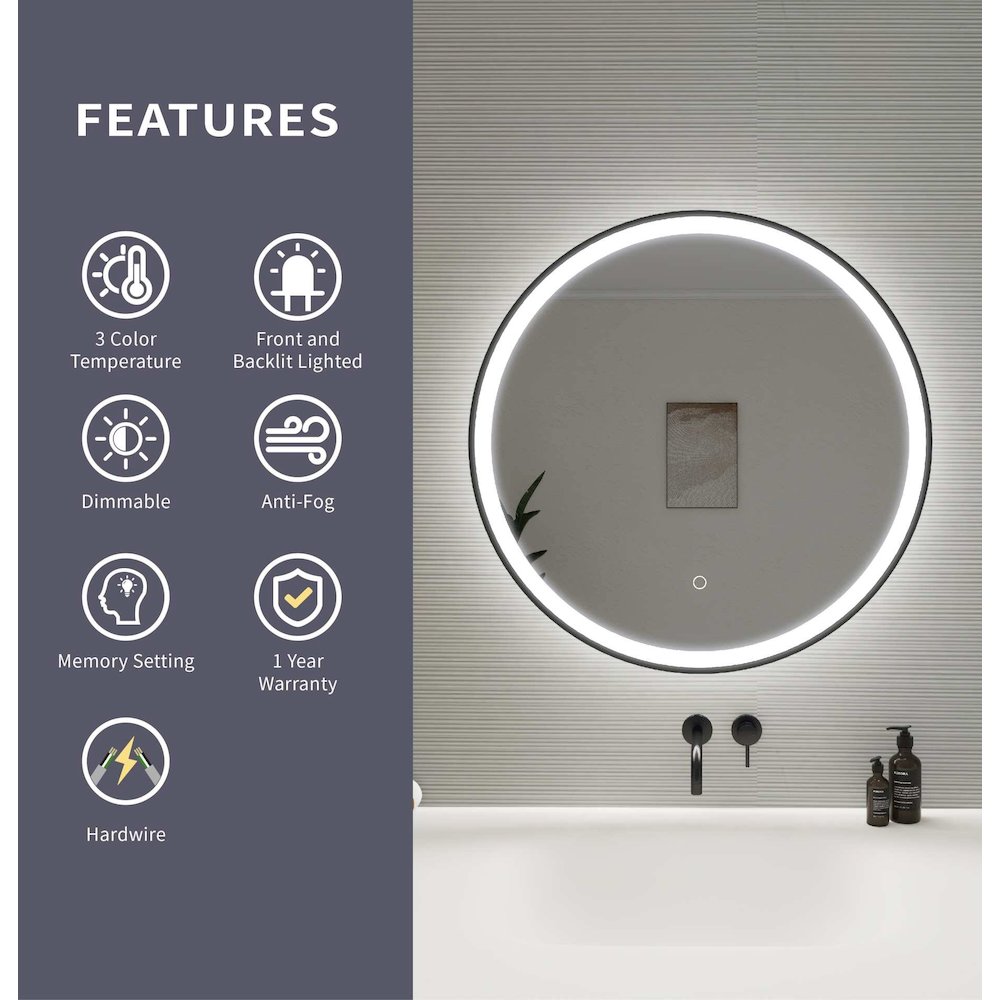 28 Round LED Front and Backlit Wall Mirror in Black