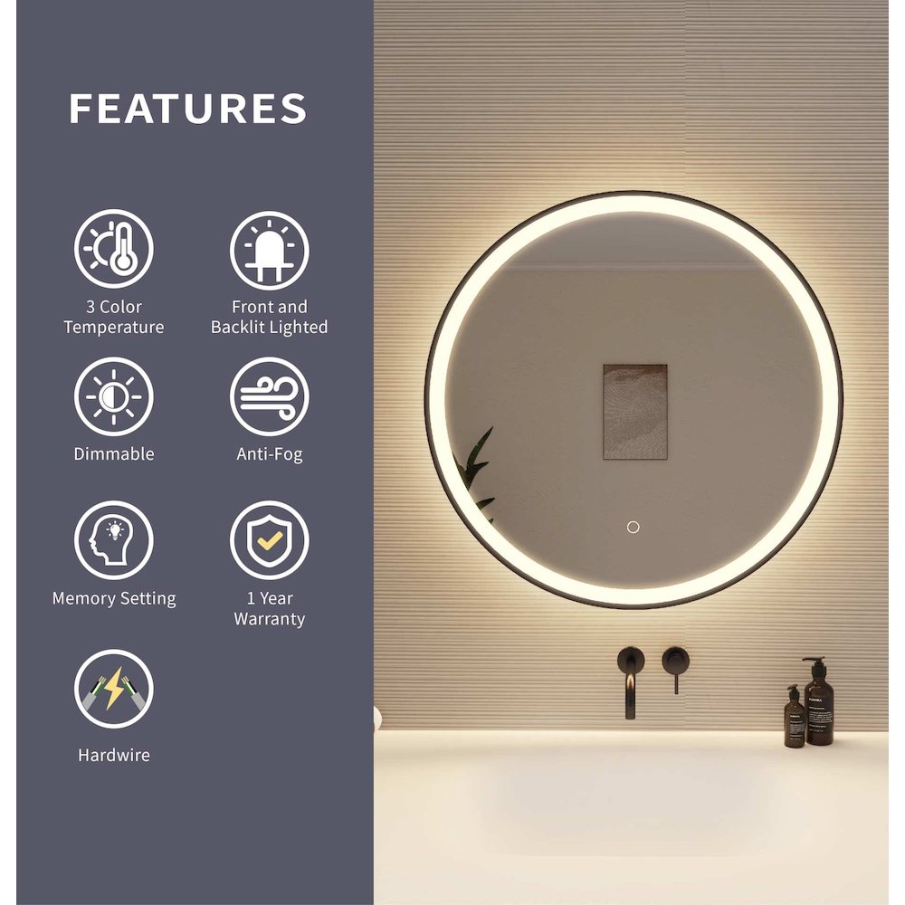 28 Round LED Front and Backlit Wall Mirror in Black