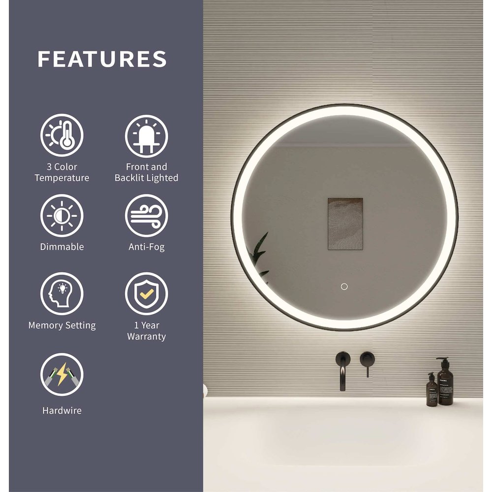 28 Round LED Front and Backlit Wall Mirror in Black