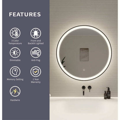 28 Round LED Front and Backlit Wall Mirror in Black