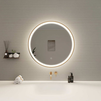 28 Round LED Front and Backlit Wall Mirror in Satin Gold