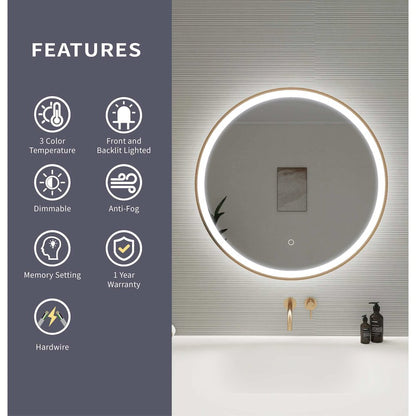 28 Round LED Front and Backlit Wall Mirror in Satin Gold