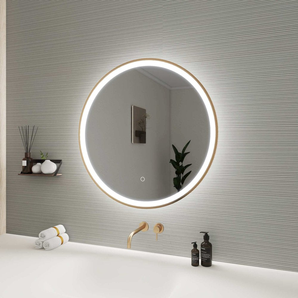 28 Round LED Front and Backlit Wall Mirror in Satin Gold