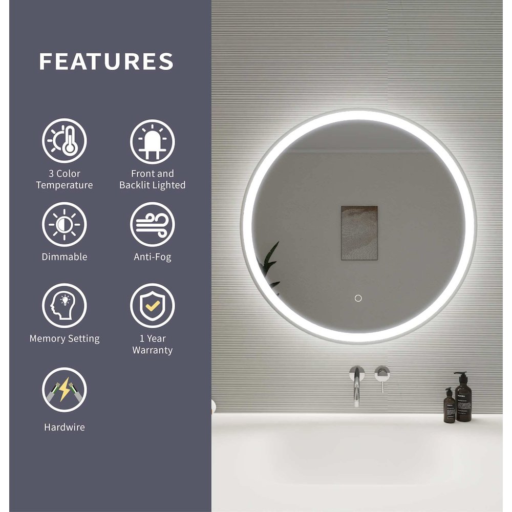 28 Round LED Front and Backlit Wall Mirror in Silver