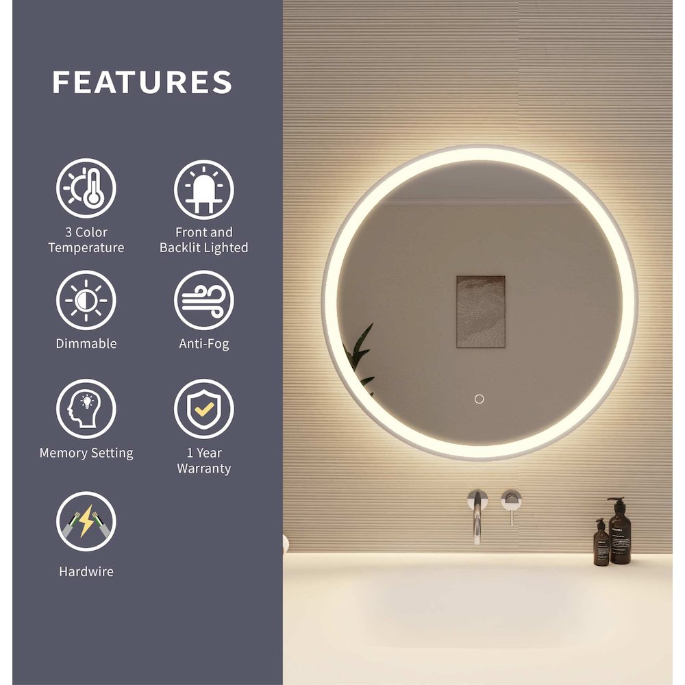 28 Round LED Front and Backlit Wall Mirror in Silver