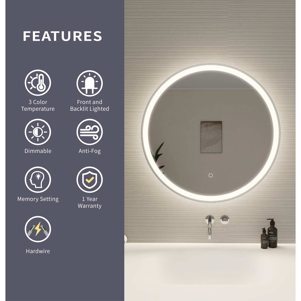 28 Round LED Front and Backlit Wall Mirror in Silver