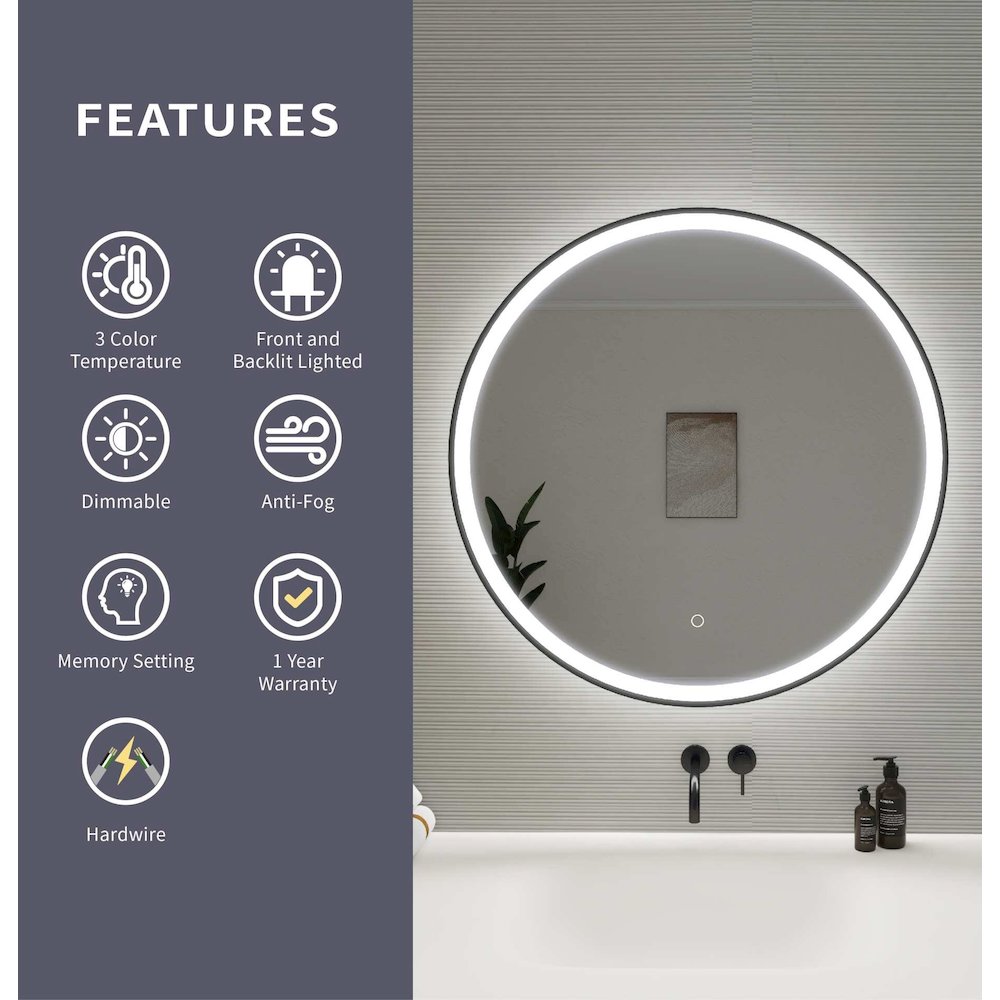 32 Round LED Front and Backlit Wall Mirror in Black