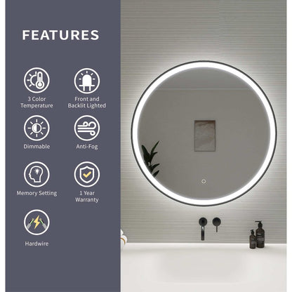32 Round LED Front and Backlit Wall Mirror in Black