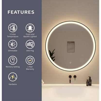 32 Round LED Front and Backlit Wall Mirror in Black