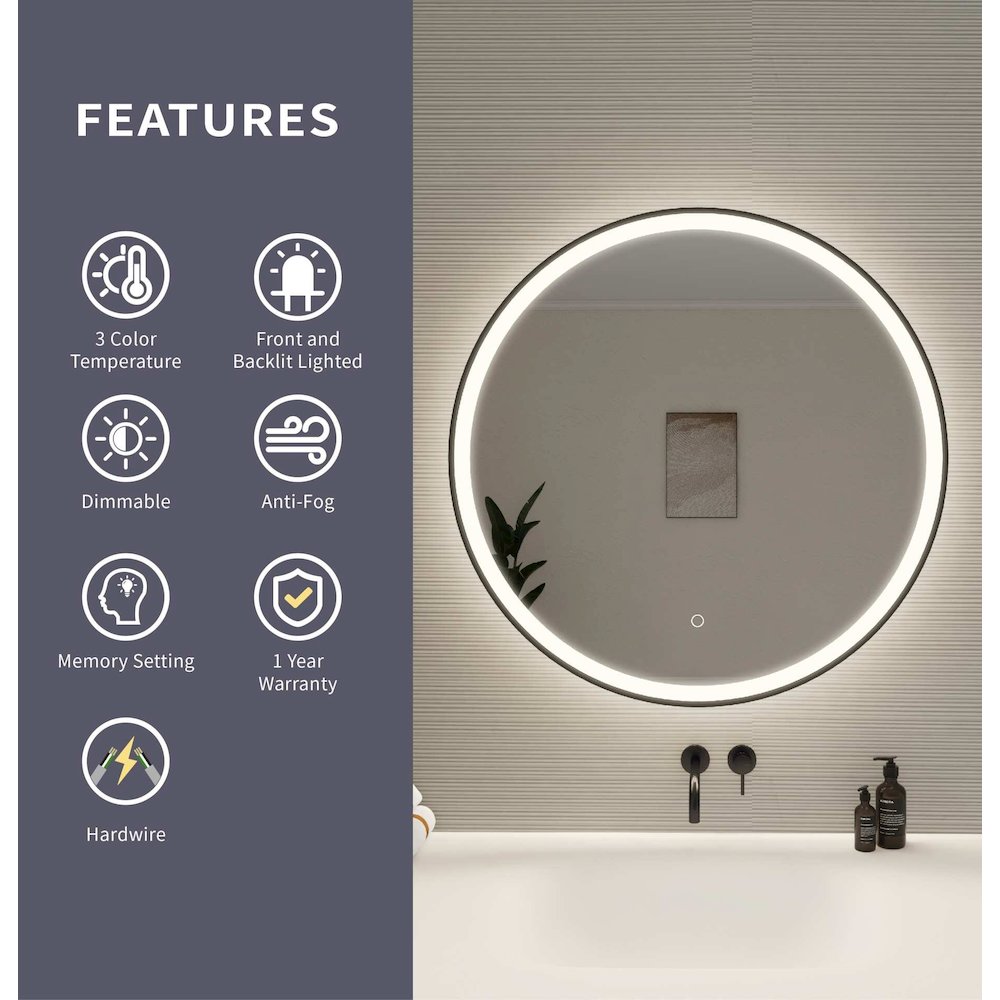 32 Round LED Front and Backlit Wall Mirror in Black