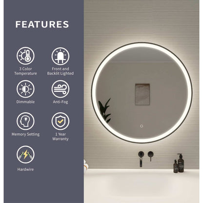 32 Round LED Front and Backlit Wall Mirror in Black