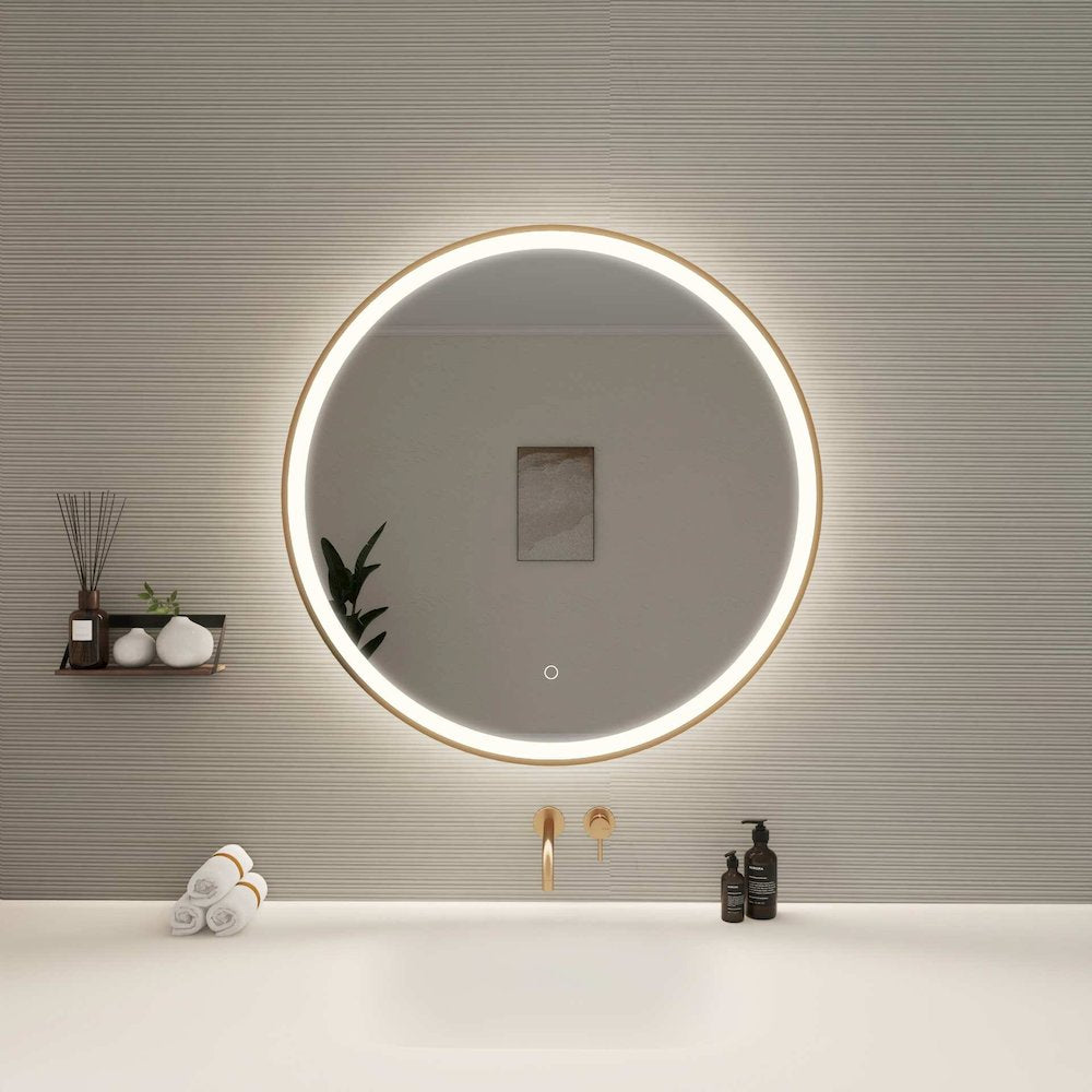 32 Round LED Front and Backlit Wall Mirror in Satin Gold