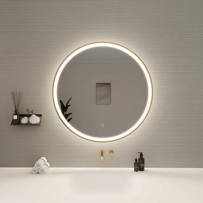 32 Round LED Front and Backlit Wall Mirror in Satin Gold