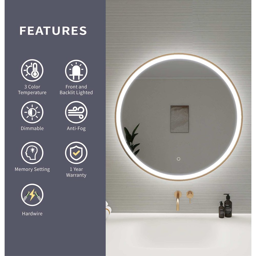 32 Round LED Front and Backlit Wall Mirror in Satin Gold