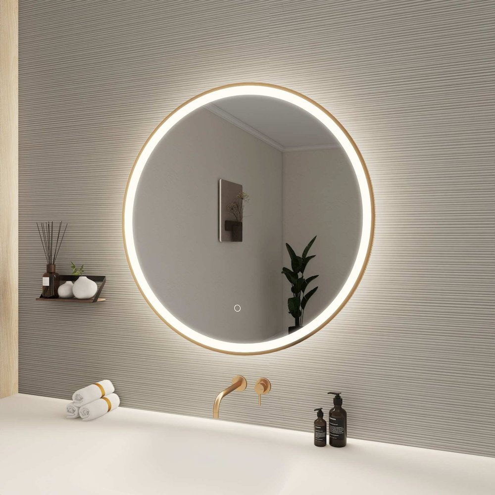 32 Round LED Front and Backlit Wall Mirror in Satin Gold
