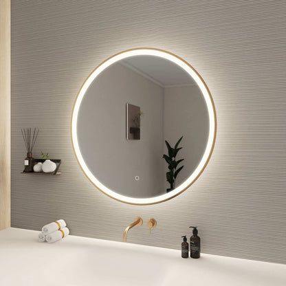32 Round LED Front and Backlit Wall Mirror in Satin Gold