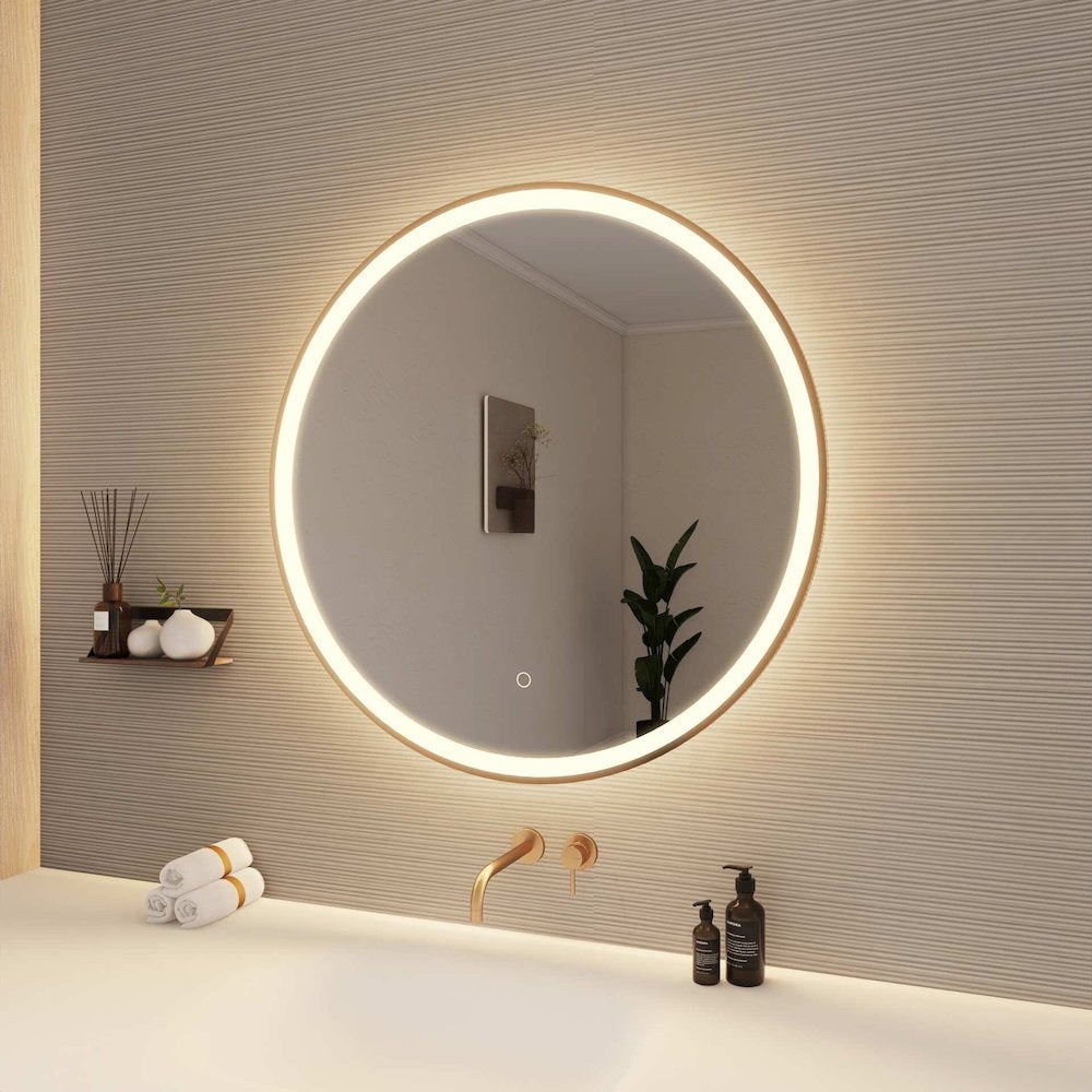 32 Round LED Front and Backlit Wall Mirror in Satin Gold