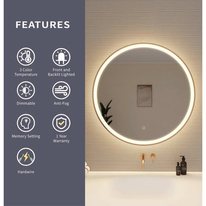 32 Round LED Front and Backlit Wall Mirror in Satin Gold