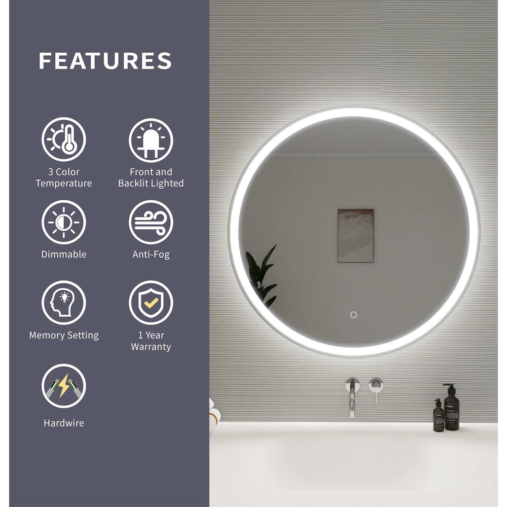 32 Round LED Front and Backlit Wall Mirror in Silver