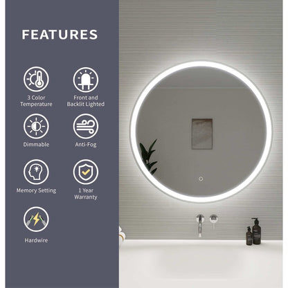 32 Round LED Front and Backlit Wall Mirror in Silver