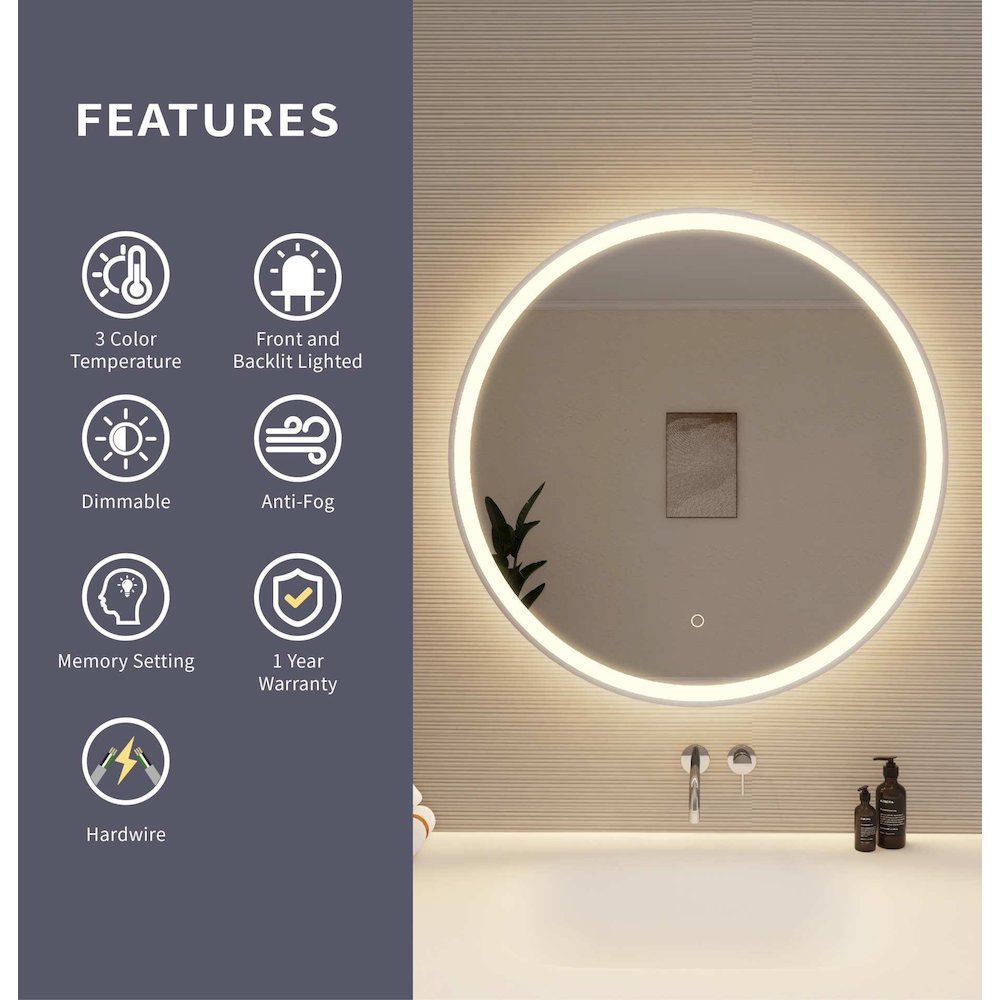 32 Round LED Front and Backlit Wall Mirror in Silver