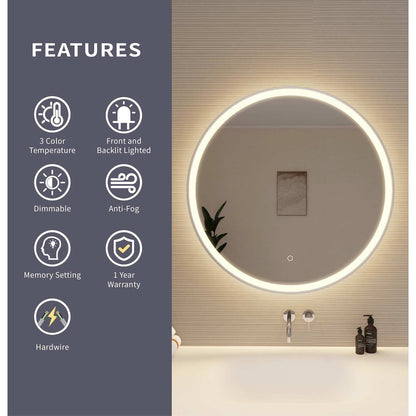 32 Round LED Front and Backlit Wall Mirror in Silver